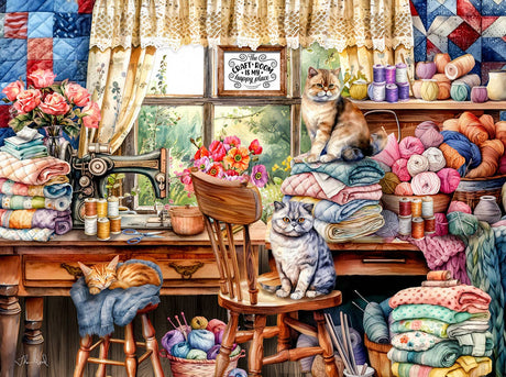 Kitten's Sewing Room 1000 Piece Puzzle by SunsOut featuring playful kittens