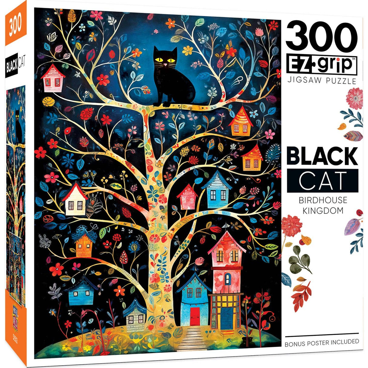 Black cat sitting in a tree surrounded by colorful birdhouses – 300-piece jigsaw puzzle.