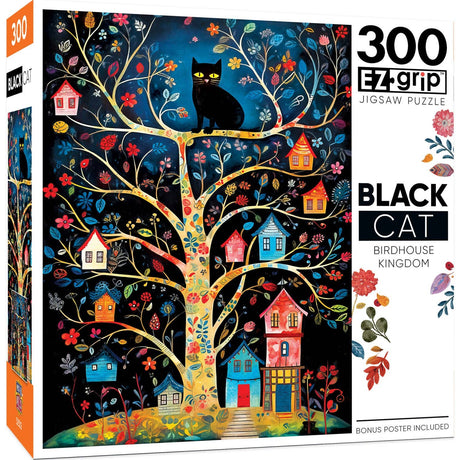 Black cat sitting in a tree surrounded by colorful birdhouses – 300-piece jigsaw puzzle.