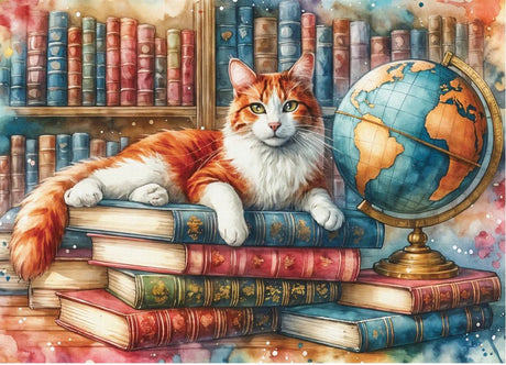 Books, Globe & Purrs 1000 Piece Jigsaw Puzzle by Delfy Puzzles - Delfy - Jigsaw Puzzles - The Puzzle Center