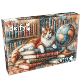 Books, Globe & Purrs 1000 Piece Jigsaw Puzzle by Delfy Puzzles - Delfy - Jigsaw Puzzles - The Puzzle Center