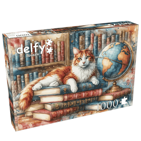 Books, Globe & Purrs 1000 Piece Jigsaw Puzzle by Delfy Puzzles - Delfy - Jigsaw Puzzles - The Puzzle Center