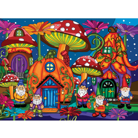 Hiding in My Garden 1000 Piece Puzzle featuring colorful gnomes and flowers