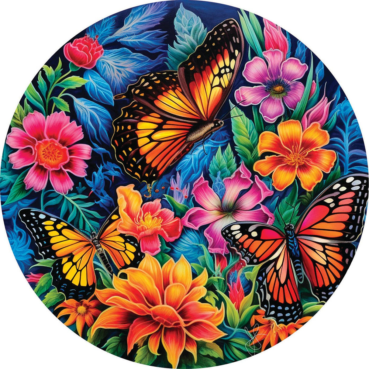 Beautiful Butterflies 500 Piece Circular Jigsaw Puzzle by SunsOut featuring monarch butterflies and colorful flowers.