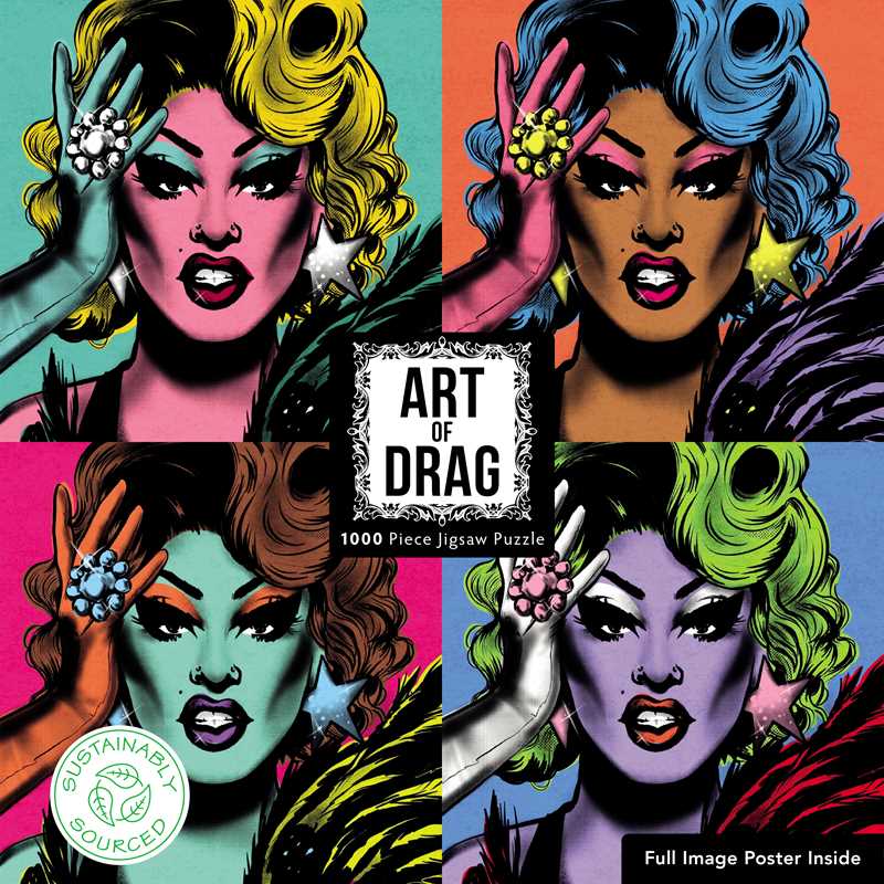 Art of Drag 1000 piece puzzle featuring bold, colorful drag queen artwork