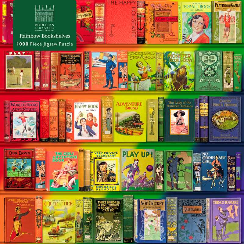 Rainbow Bookshelves 1000 piece puzzle featuring colorful book spines from Bodleian Libraries