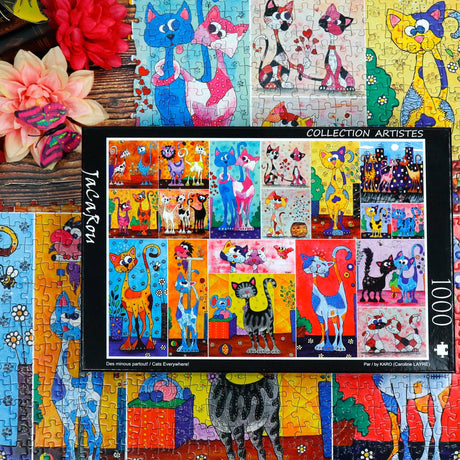 JaCaRou’s Cats Everywhere puzzle featuring a colorful collection of whimsical cats