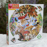 Box for the Circular puzzle with mushrooms, butterflies, and vibrant floral details by eeboo
