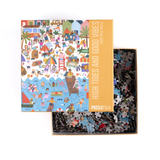 Puzzlefolk 1000 piece beach jigsaw puzzle with colored poster