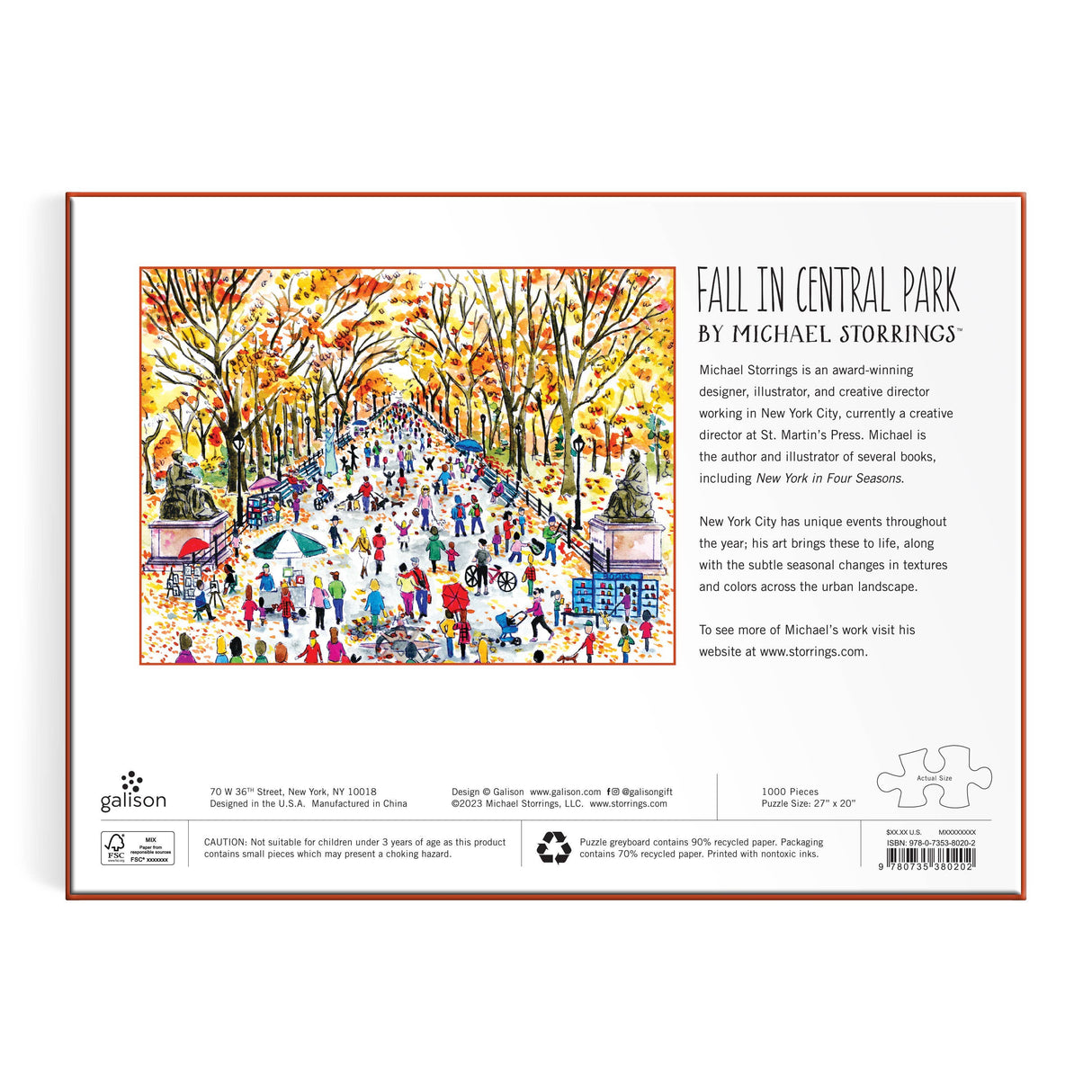 Michael Storrings Fall in Central Park puzzle box with autumn-themed artwork and sturdy packaging by Galison