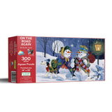 300 piece jigsaw puzzle of snowmen and a dog by SunsOut, showcasing a festive winter landscape.