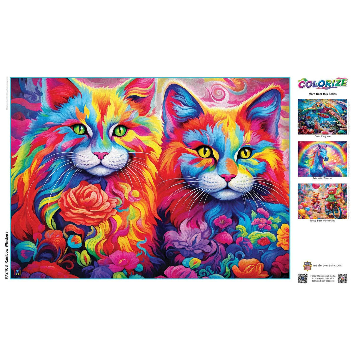 Image of the finished Rainbow Whiskers puzzle displayed, showing the playful kittens in full color by Masterpieces