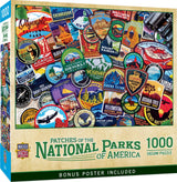 Box of the Patches of the National Parks puzzle by Masterpieces, featuring the patch collage design 1000 piece puzzle