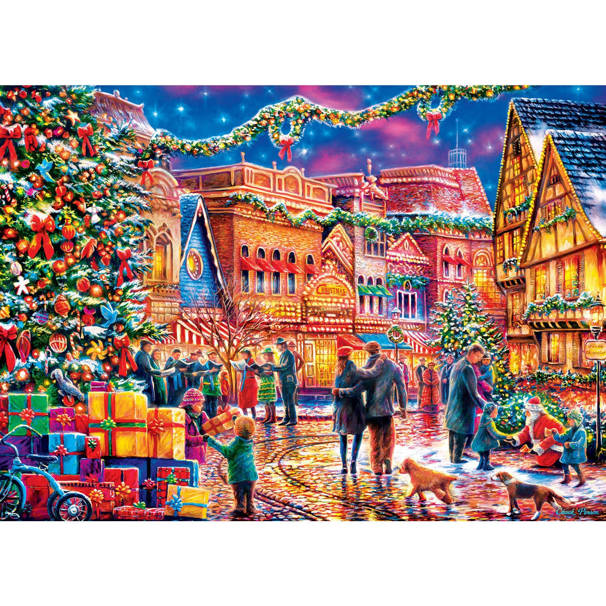 Image of the finished puzzle displayed in a cozy holiday setting, emphasizing the festive village scene - 1000 piece christmas puzzle