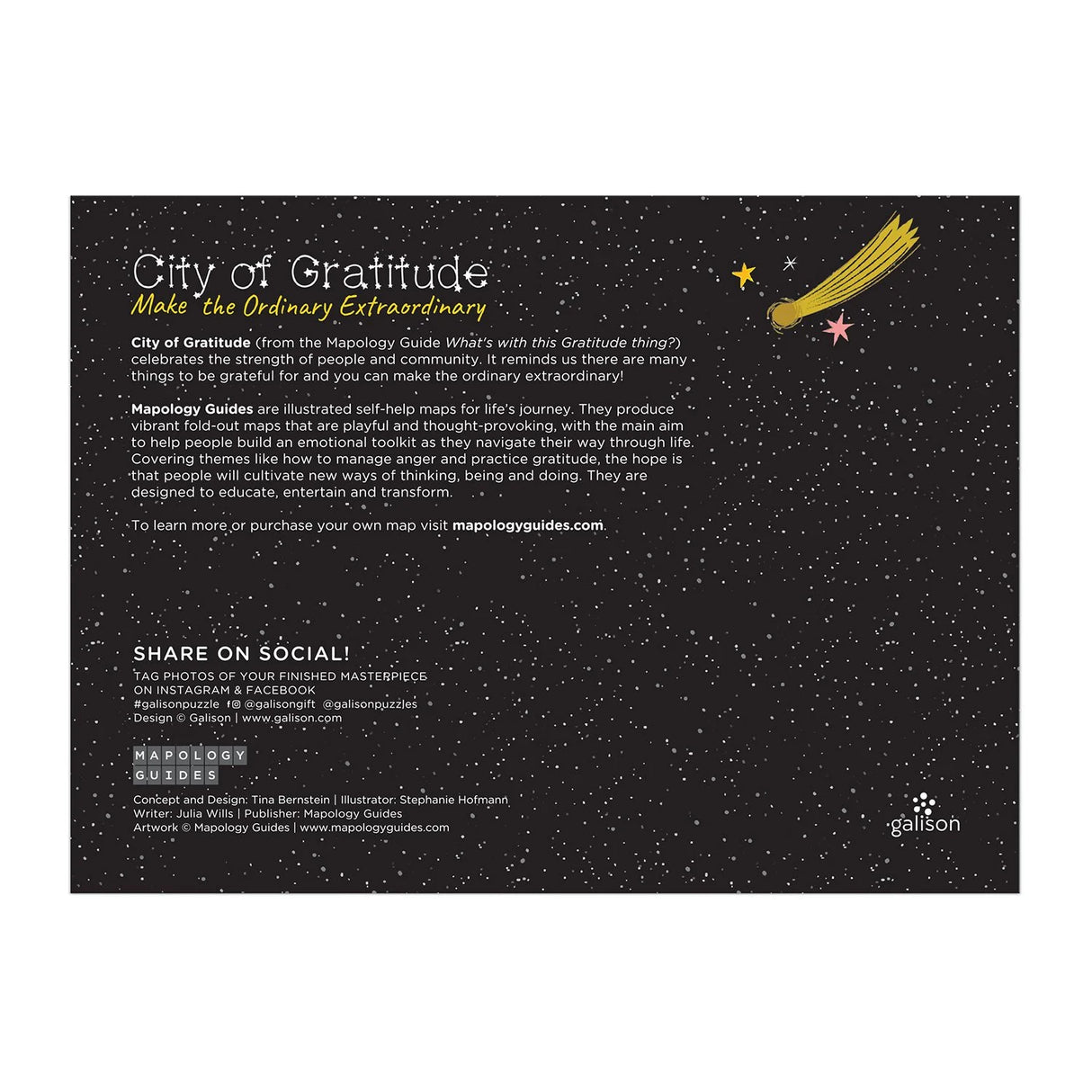 Back of box for City of Gratitude 1000 piece puzzle explaining the City of Gratitude and Mapology Guides