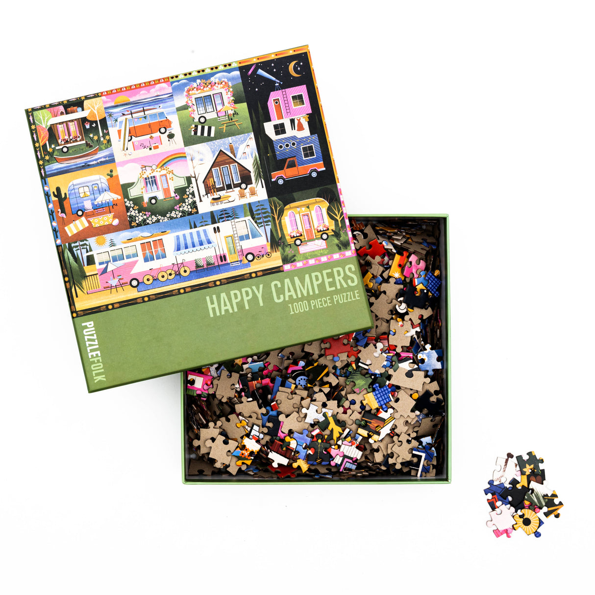 Puzzlefolk Happy Campers puzzle with bright camper and glamping designs