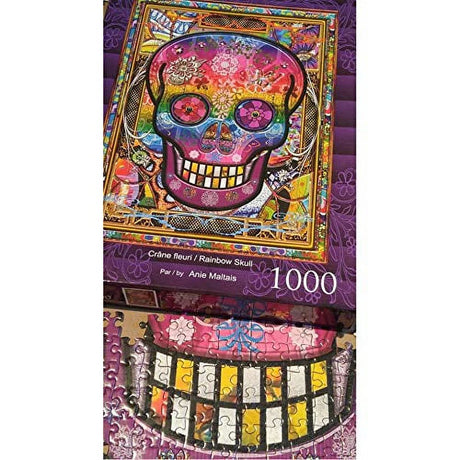 Rainbow-themed Day of the Dead skull jigsaw puzzle for adults and teens