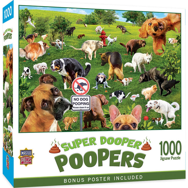 Box of the Super Dooper Poopers puzzle showing the comical dog park illustration by Masterpices - 1000 piece jigsaw puzzle