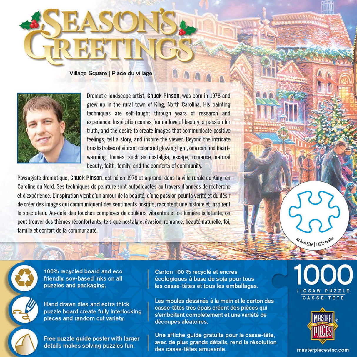 Back of the Box of the Season's Greetings - Village Square puzzle showcasing the charming artwork by Chuck Pinson by Masterpieces