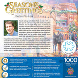 Back of the Box of the Season's Greetings - Village Square puzzle showcasing the charming artwork by Chuck Pinson by Masterpieces