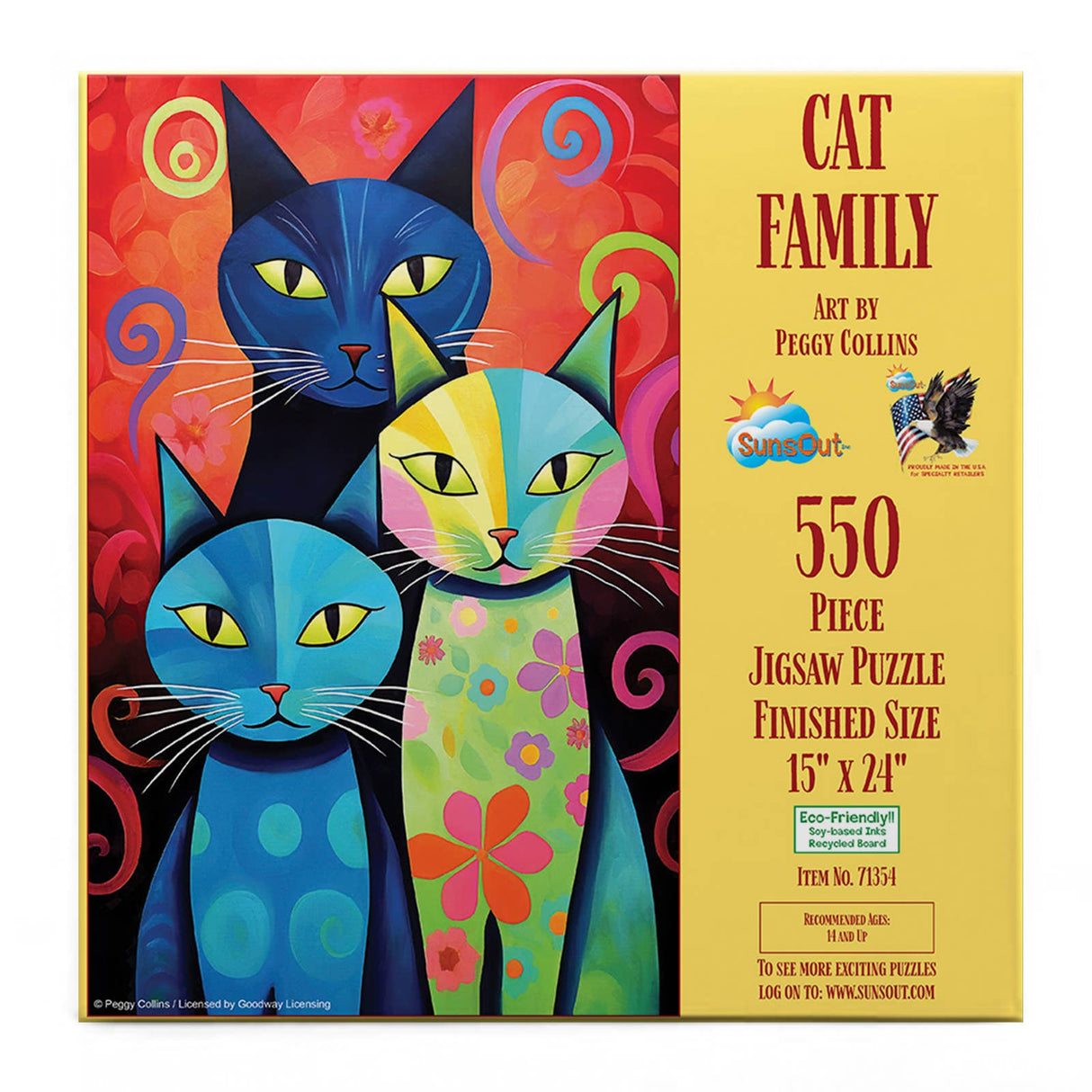 550 piece puzzle of playful cats in whimsical designs