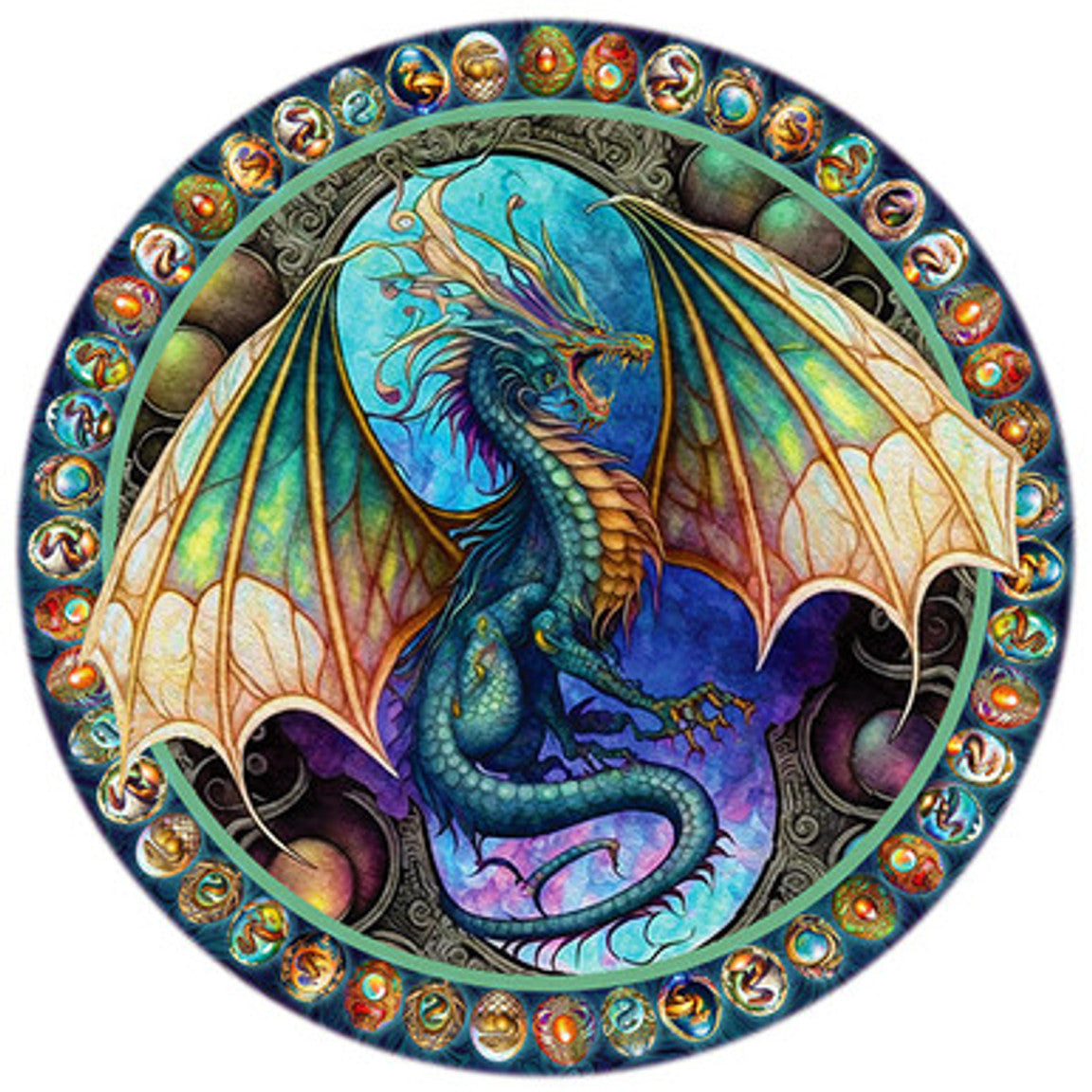 Completed Dragon Heart puzzle showcasing detailed dragon art and mystical orbs