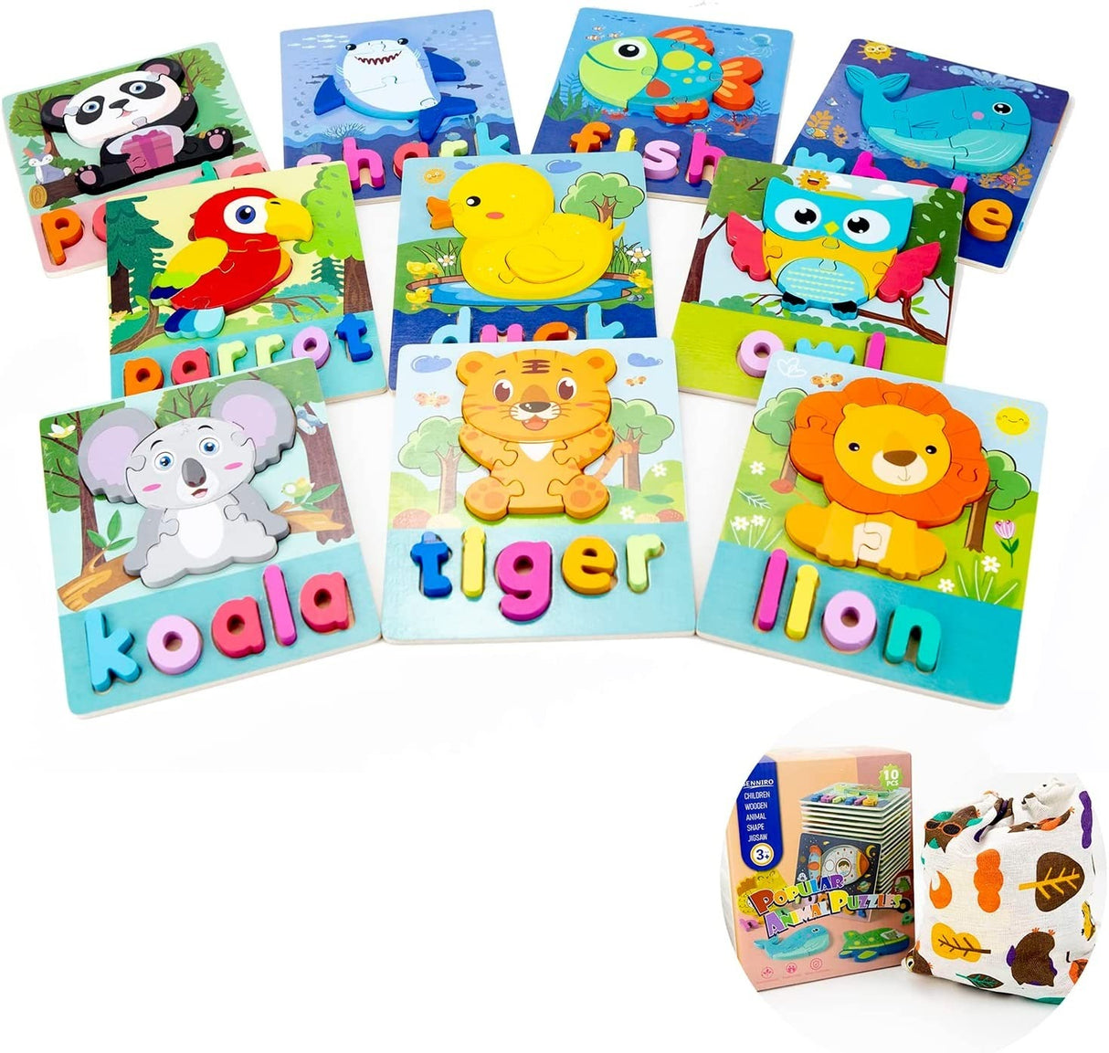 10 Pack Wooden Toddler Puzzles - Ages 2-4