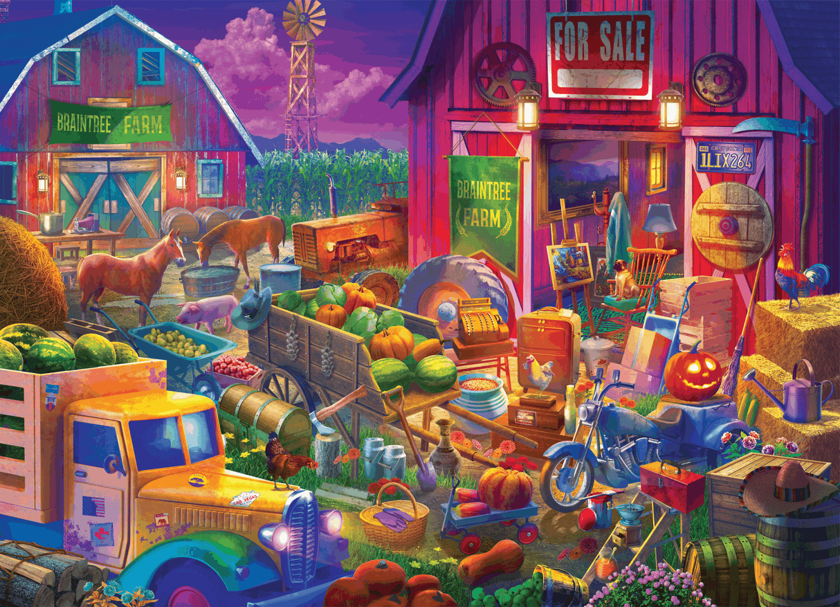 Farm-themed 1000 piece jigsaw puzzle by Brain Tree Games with bold colors