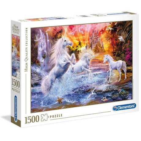 High-quality 1500 piece jigsaw puzzle for adults featuring unicorns in a magical landscape by Clementoni