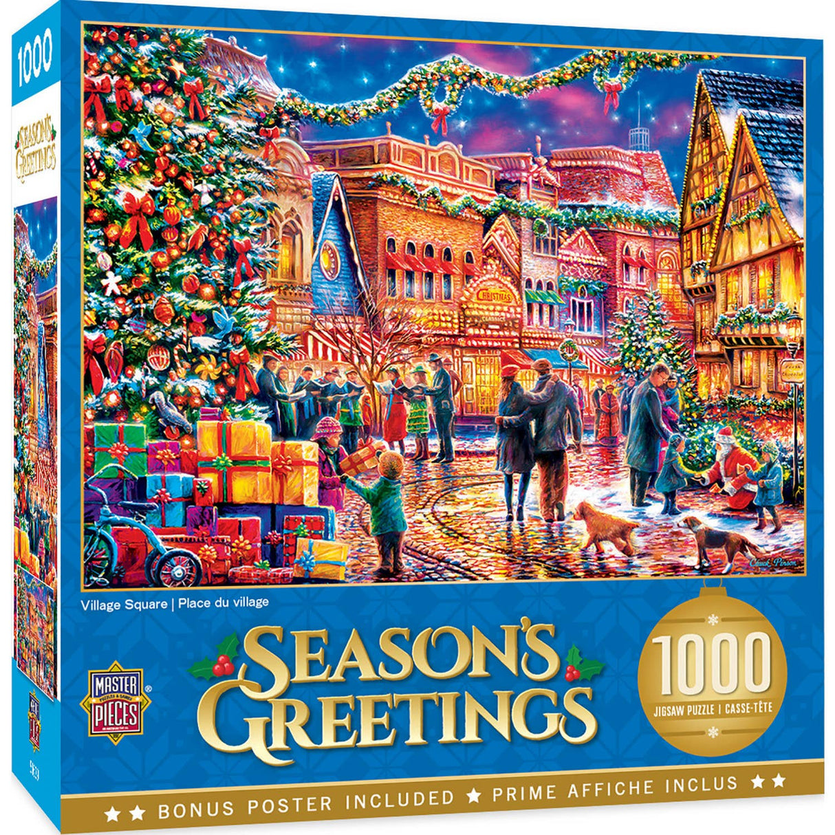 Box of the Season's Greetings - Village Square puzzle showcasing the charming artwork by Chuck Pinson 1000 piece jigsaw puzzle by Masterpieces