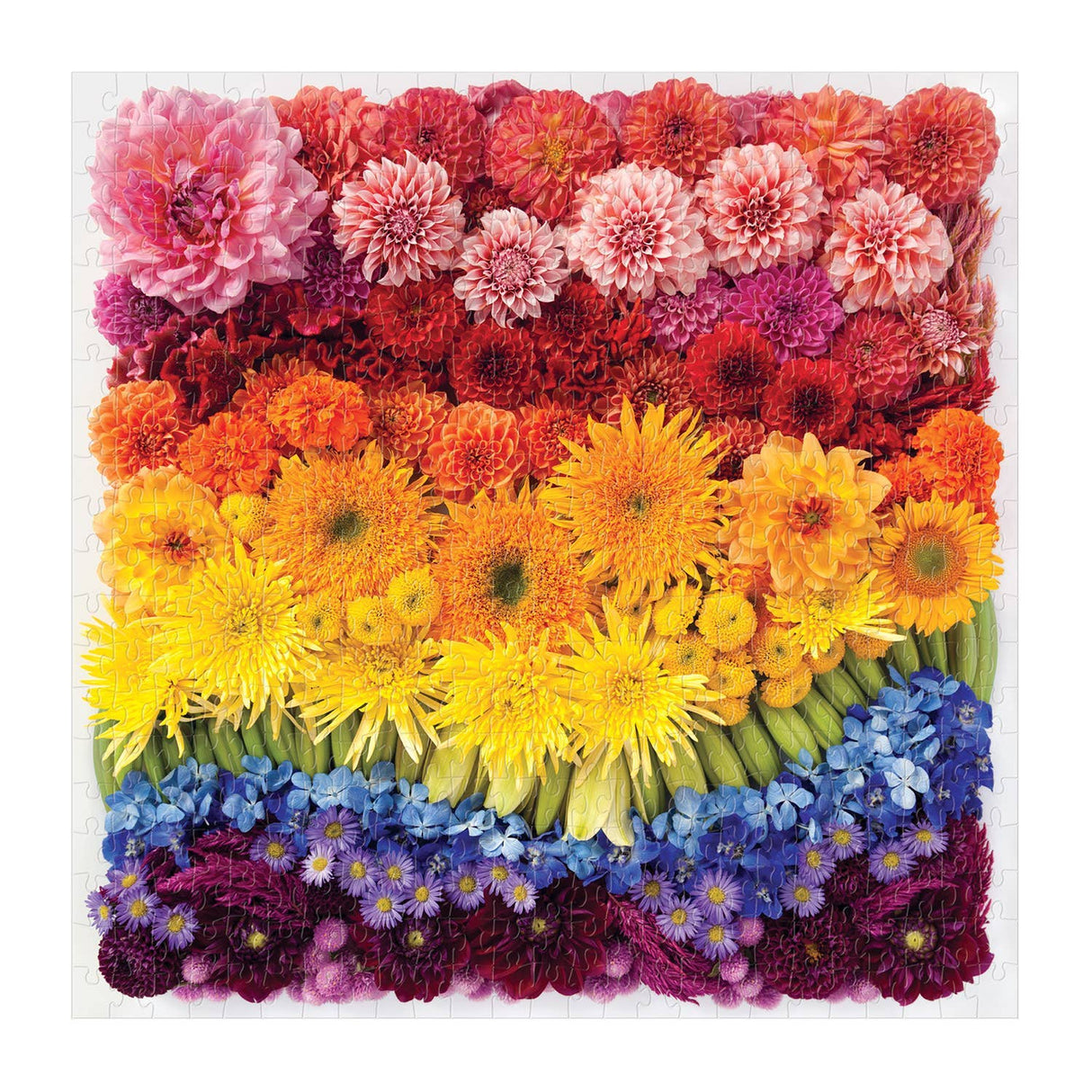 Completed Rainbow Summer Flowers puzzle by Galison showing the vibrant floral arrangement - this is a 500 piece puzzle