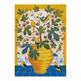 Close-up of Santorini puzzle pieces with a fig tree and Greek island scene