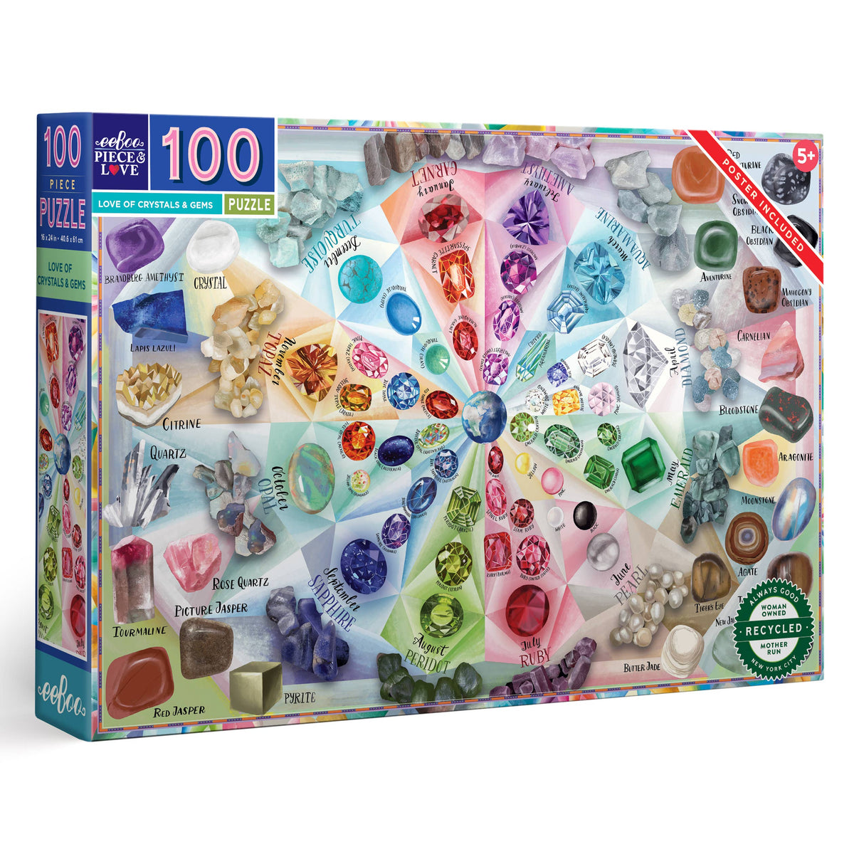 box for 100 piece puzzle featuring a colorful arrangement of crystals and gemstones by eeBoo