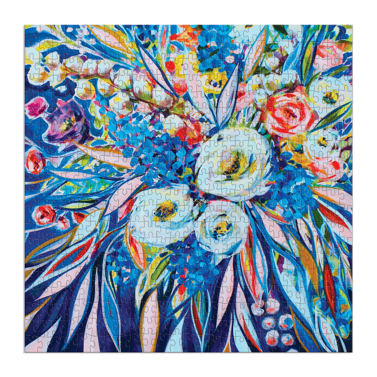 Completed Artful Blooms puzzle by Galison showcasing intricate botanical designs in bold colors