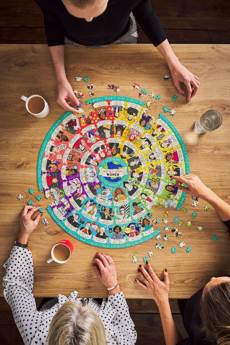 Circular jigsaw puzzle featuring famous women in history.