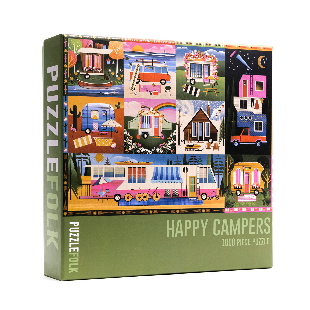 Happy Campers 1000-piece puzzle by Puzzlefolk featuring colorful camping scenes