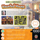 Haunted house puzzle scene with glowing elements, including the moon and ghosts, creating a spooky Halloween atmosphere