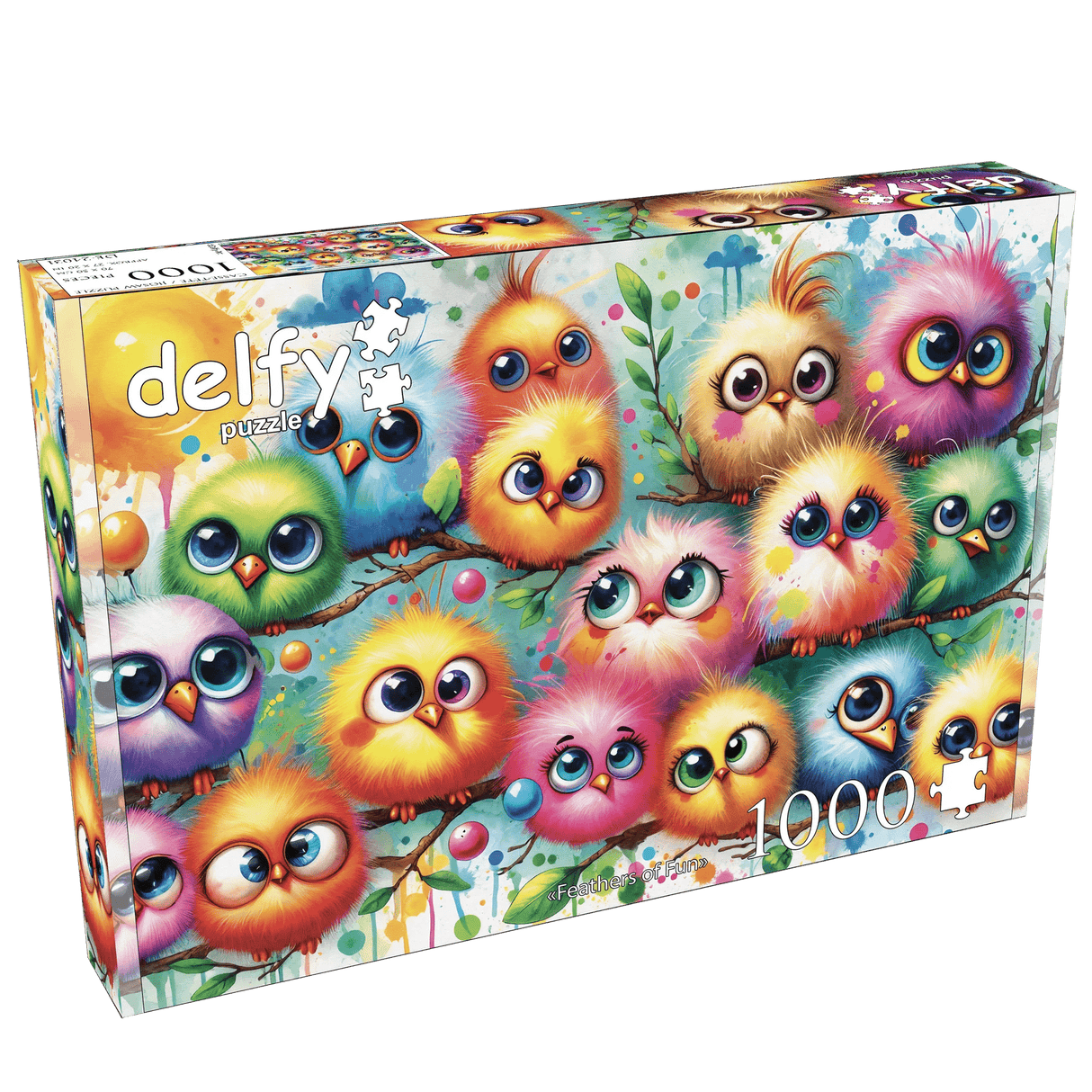 Bright, colorful bird puzzle with splashes of rainbow paint by Delfy Puzzles 1000 piece jigsaw puzzle box