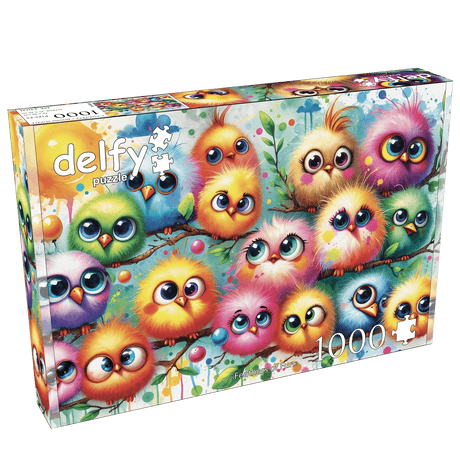 Bright, colorful bird puzzle with splashes of rainbow paint by Delfy Puzzles 1000 piece jigsaw puzzle box