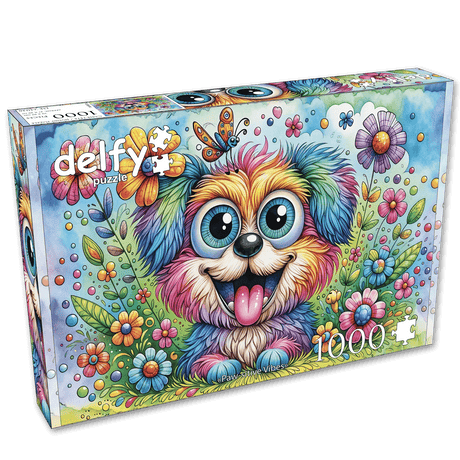 Vibrant colored dog puzzle featuring a rainbow puppy and floral scene by Delfy Puzzles