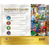 Back of box for Cozy art gallery scene jigsaw puzzle – MasterPieces Premium Collection 1000 piece jigsaw puzzle.