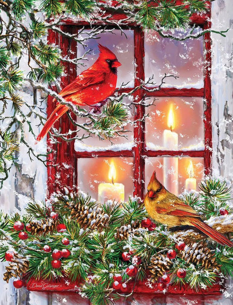 Together for Christmas 500 piece puzzle by Springbok featuring vibrant cardinals on snow-covered branches