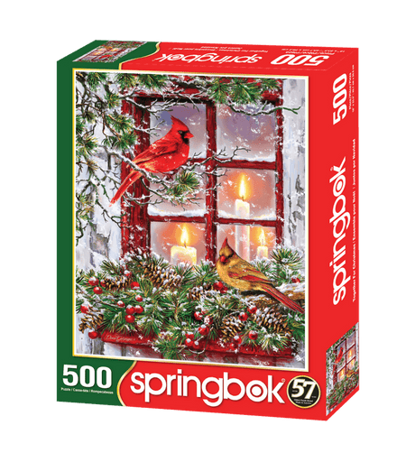 High-quality 500 piece jigsaw puzzle by Springbok featuring a charming Christmas scene with cardinals and garlands