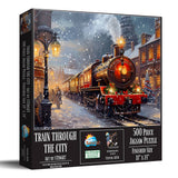 500 piece jigsaw puzzle of a train in a winter cityscape by SunsOut, showcasing vibrant urban life.