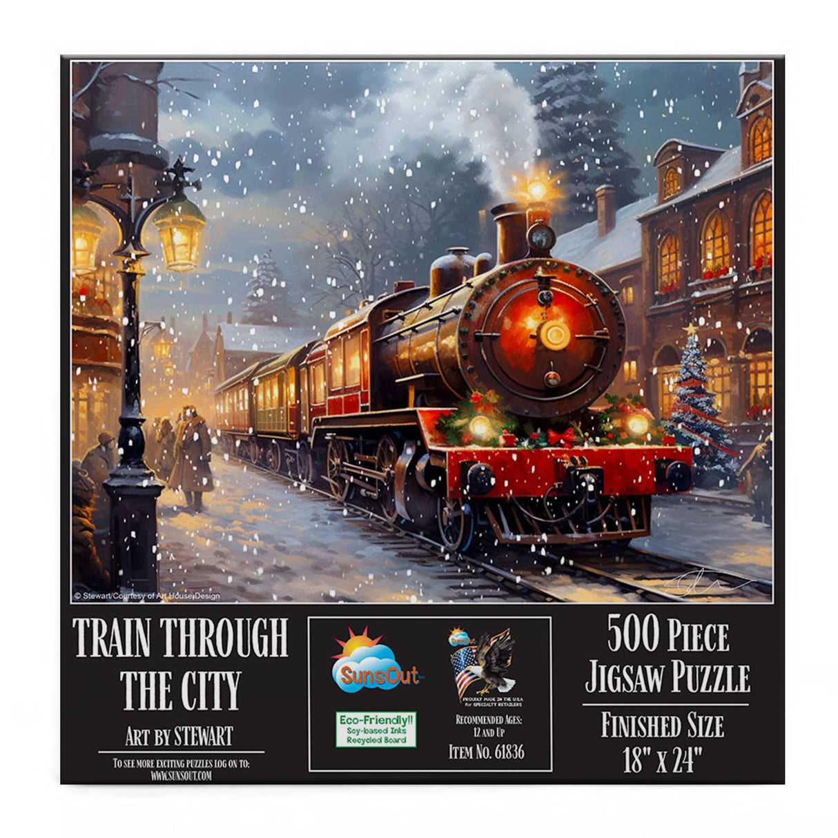 Close-up of Train Through the City Jigsaw Puzzle with a train and snowy urban scene by artist Stewart.