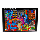 Travel-themed jigsaw puzzle featuring iconic landmarks like the Eiffel Tower and Big Ben