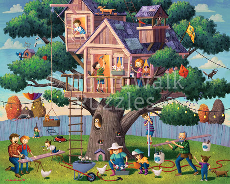 Puzzle image of a vibrant treehouse building adventure, illustrated by Andy C. Ellis