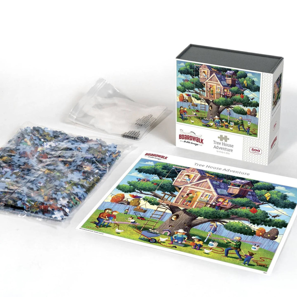 Contents for Tree House Adventure puzzle featuring kids building a colorful treehouse in the forest by Boardwalk