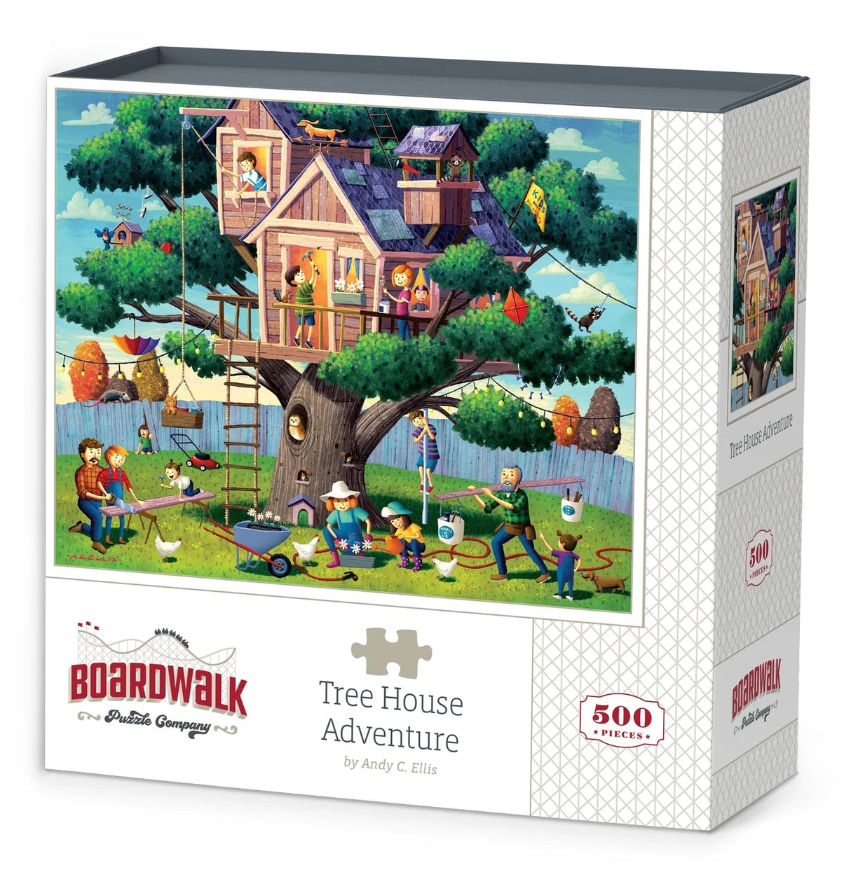 Box for Tree House Adventure puzzle featuring kids building a colorful treehouse in the forest by Boardwalk