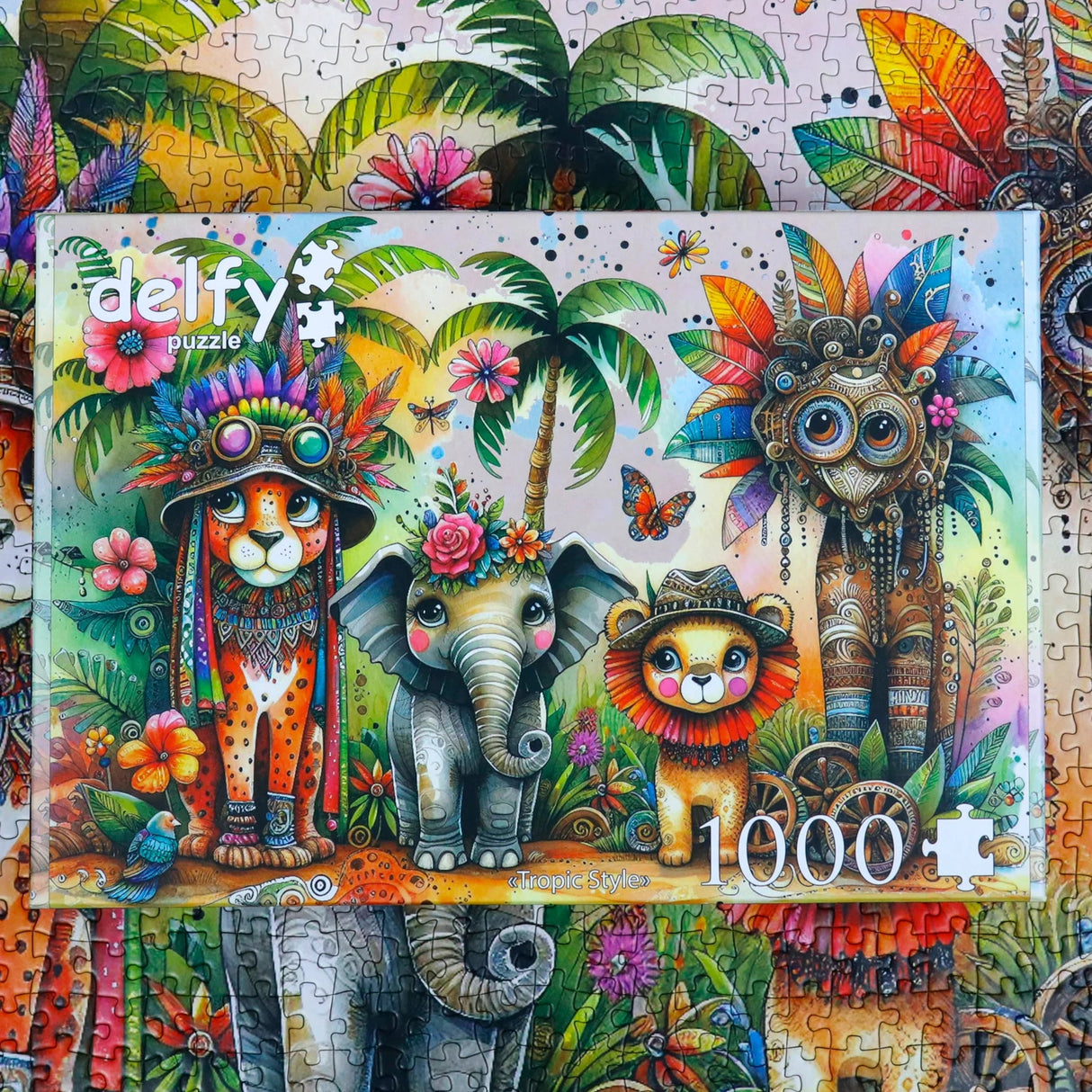 Exotic animal puzzle scene with cheetah, owl, lion, and elephant with the box for 1000 piece puzzle by Delfy